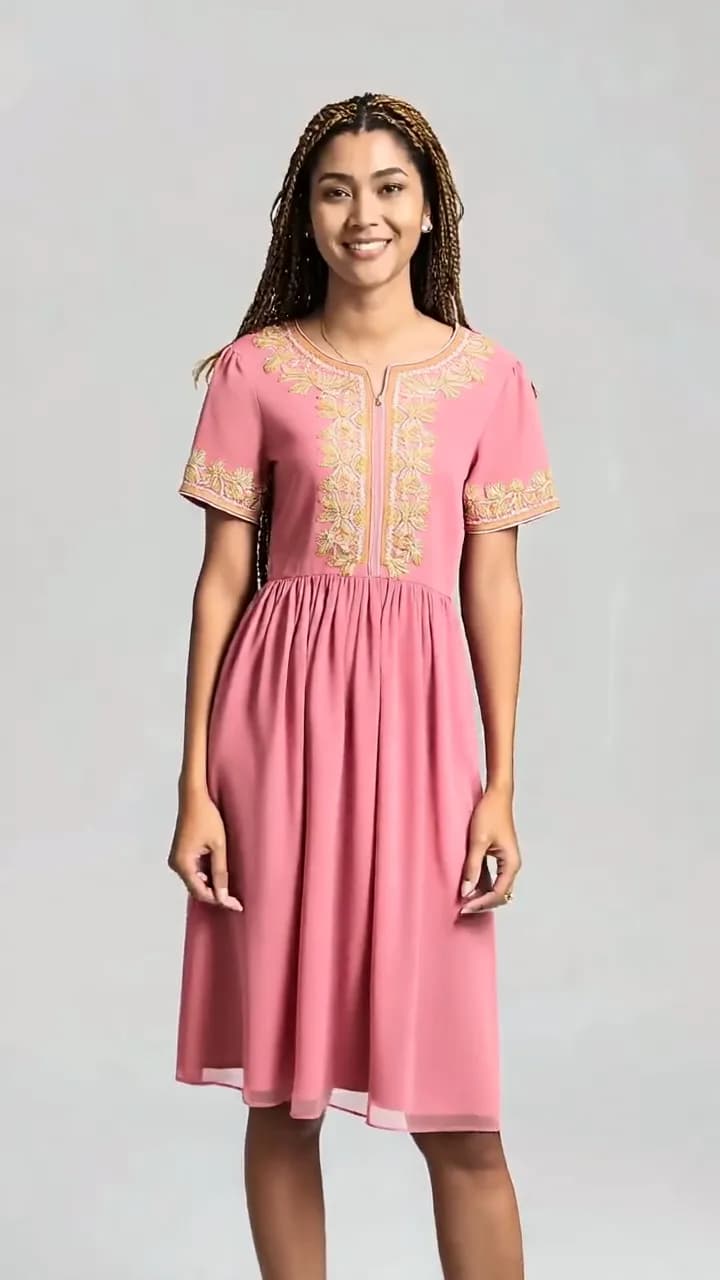 Pink embroidered dress — Example: real AI preview on an AI-generated model, not a customer