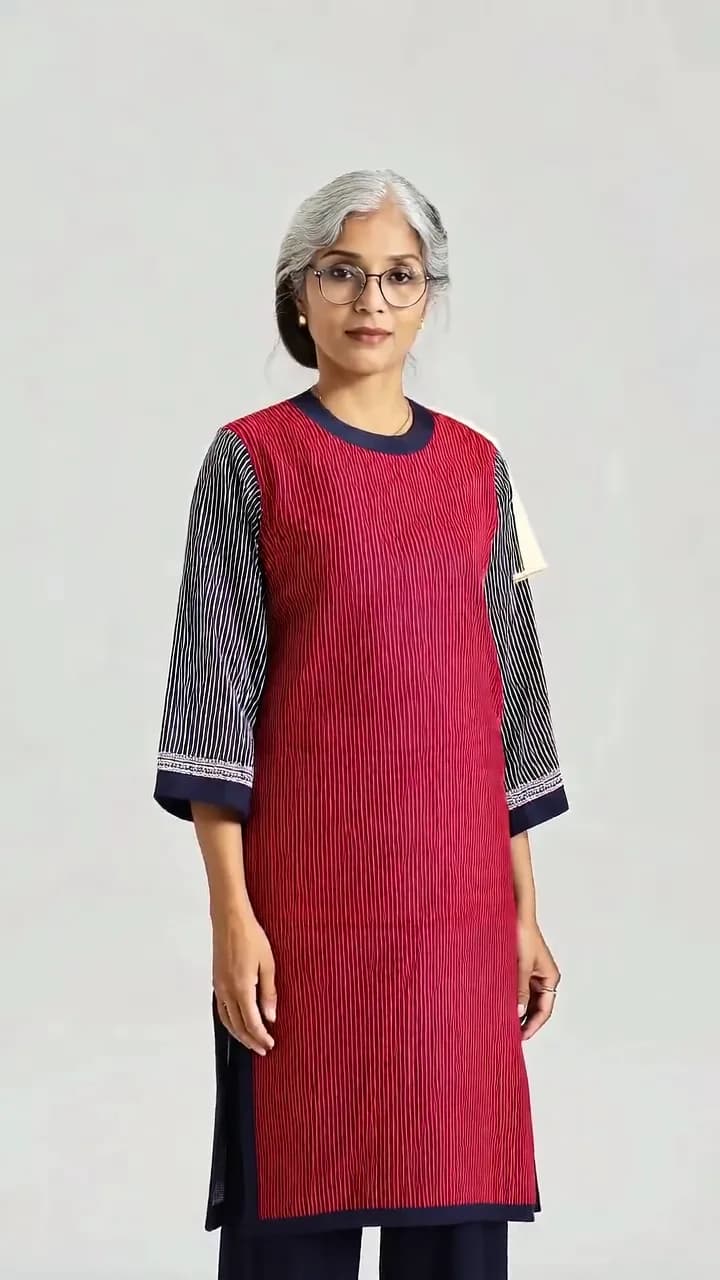 Red Dhaka-weave kurta — Example: real AI preview on an AI-generated model, not a customer