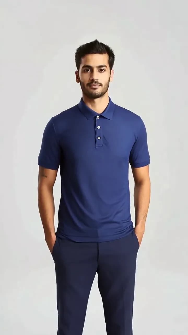 Navy polo shirt — Example: real AI preview on an AI-generated model, not a customer