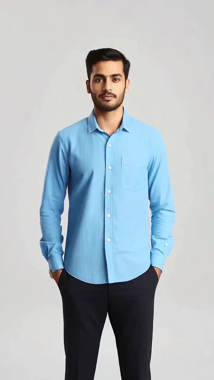 Blue linen shirt — Example: real AI preview on an AI-generated model, not a customer