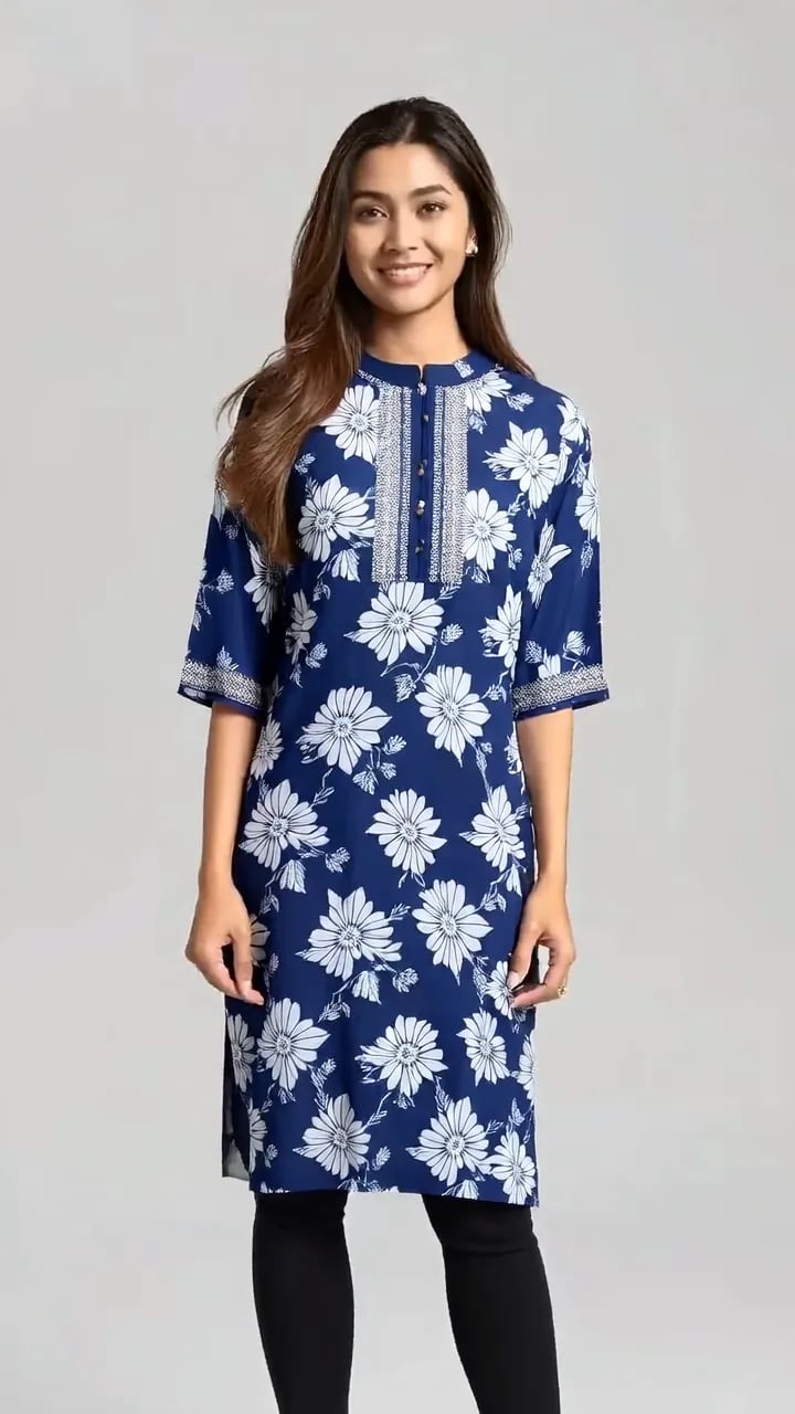 Indigo block-print kurta — Example: real AI preview on an AI-generated model, not a customer